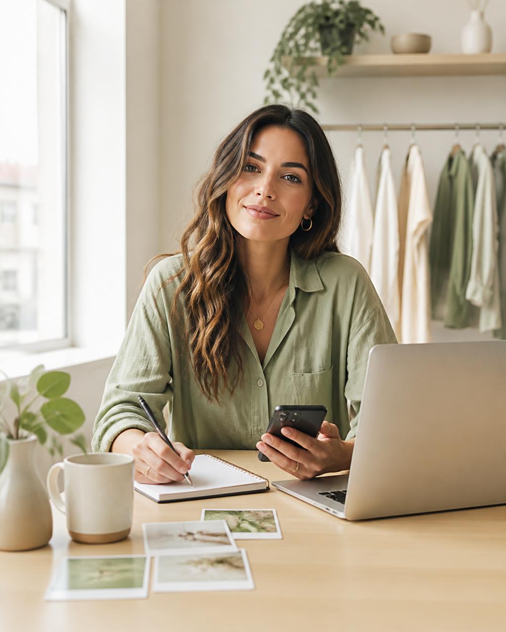 A small business owner planning her social media content at her desk